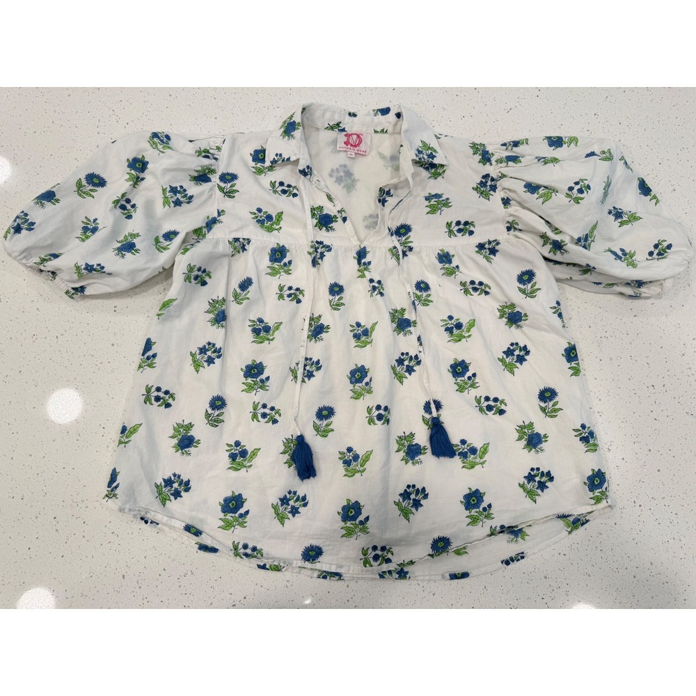 Victoria Dunn Blouse Womens Medium White Blue Floral Excellent Coastal Chic Top